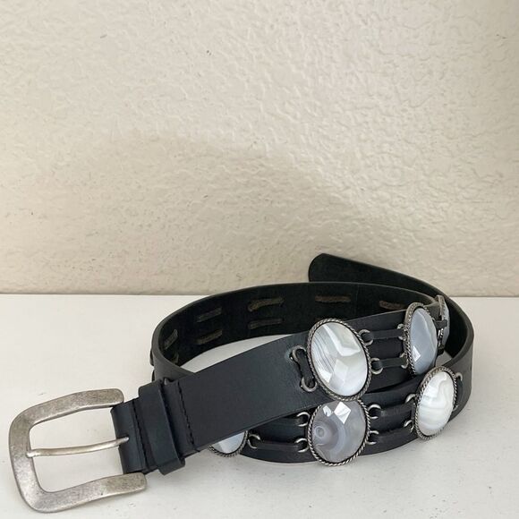 Vintage Leatherock Black Leather Belt with Silver gray stone Accents main image 4